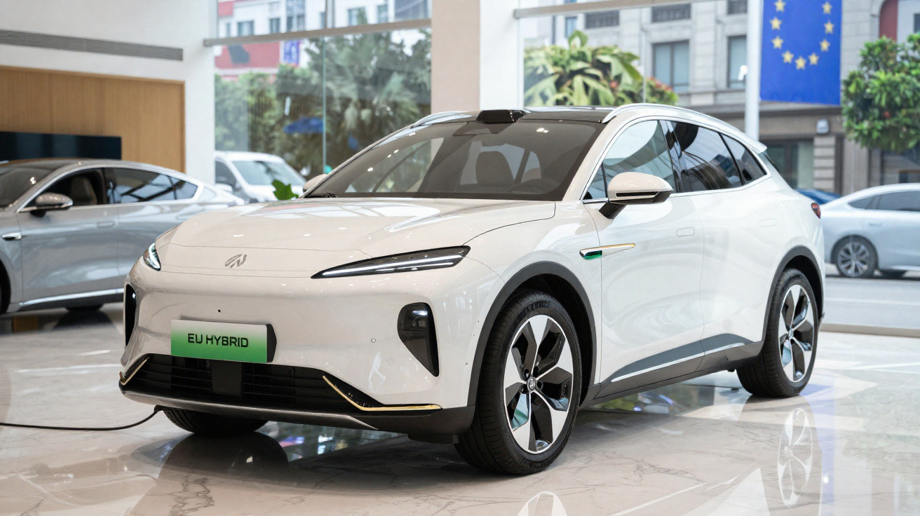 Carro elétrico branco modelo SUV em exposição interior com placa verde EU HYBRID.