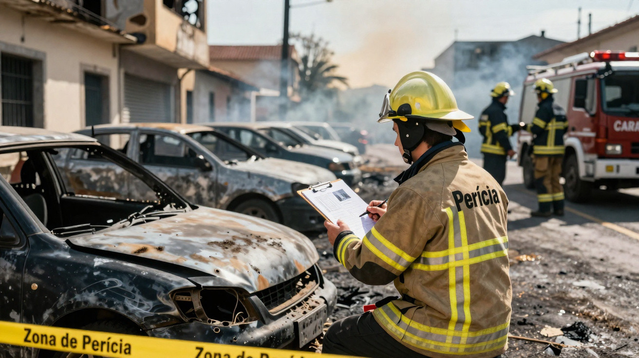 Perito de incêndios a registar dados junto a carros queimados e bombeiros numa zona isolada por fita de perícia.