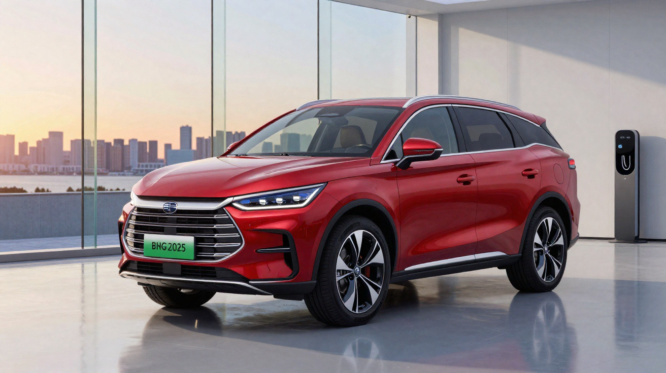 Carro SUV elétrico vermelho estacionado em garagem com carregador elétrico e vista urbana ao fundo.
