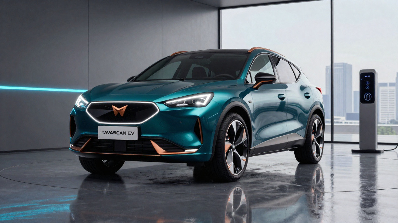 Veículo elétrico Cupra Tavascan EV azul estacionado junto a estação de carregamento em interior moderno.