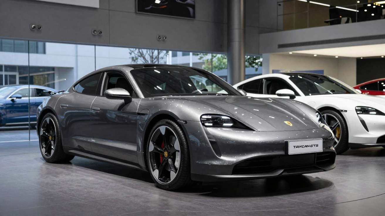 Carro desportivo Porsche Taycan GTS cinzento exposto numa loja com outro carro branco ao lado.
