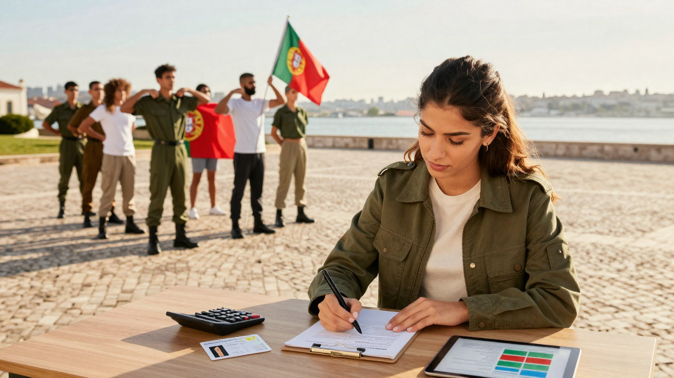 Jovem a preencher formulário de recrutamento militar ao ar livre com grupo de militares e bandeira de Portugal ao fundo.