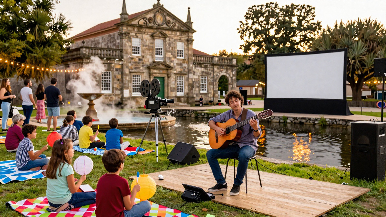 Concerto ao ar livre com músico a tocar guitarra e pessoas sentadas em mantas junto a um lago e uma grande tela de cinema.