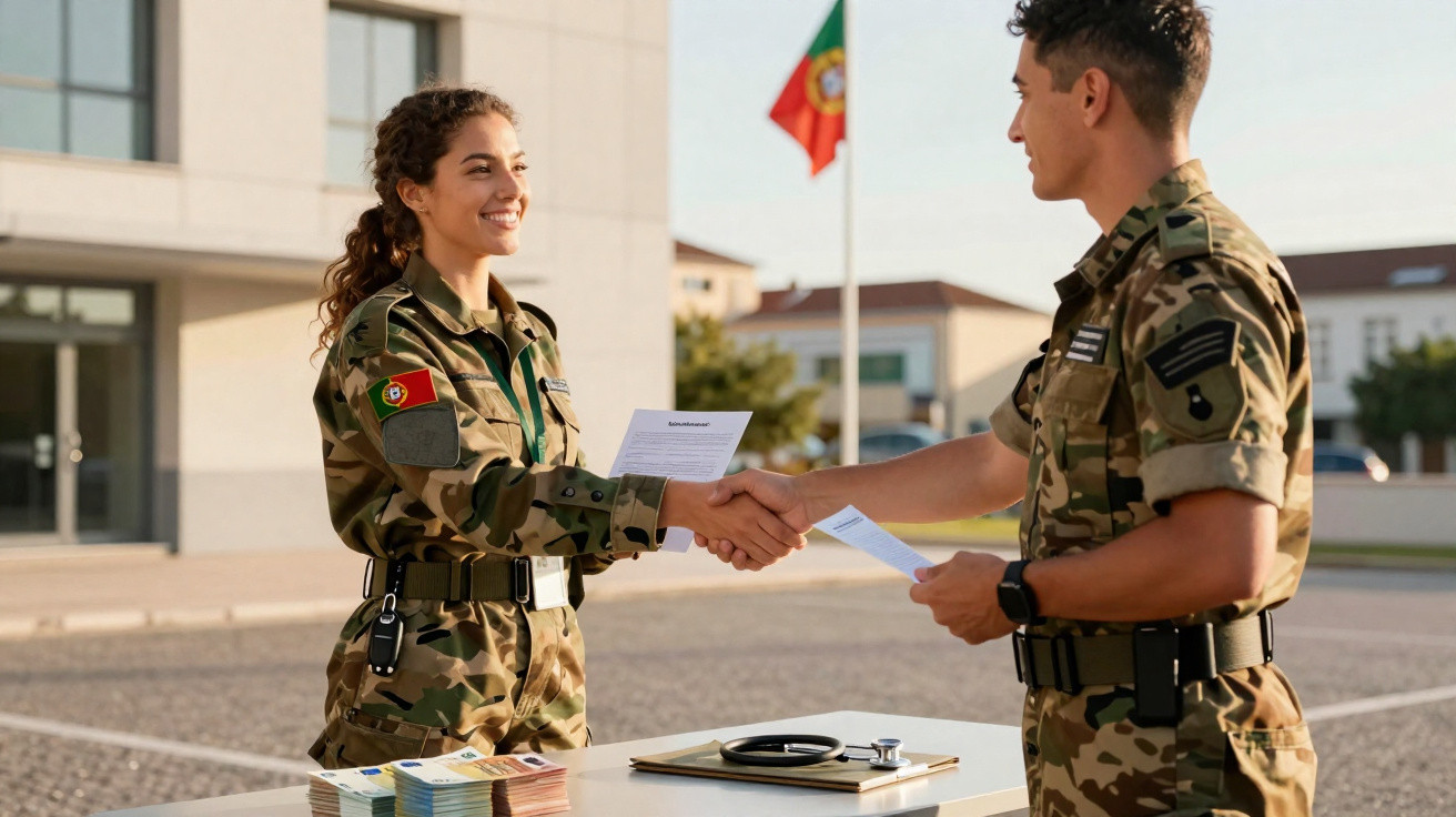 Militares em uniforme camuflado a cumprimentar-se em frente a bandeira de Portugal.