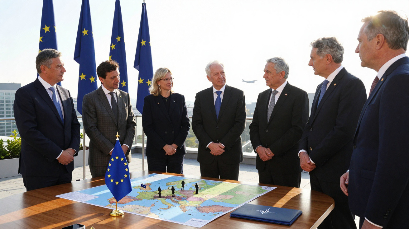 Seis diplomatas em reunião ao ar livre com bandeiras da União Europeia e mapa da Europa sobre a mesa.