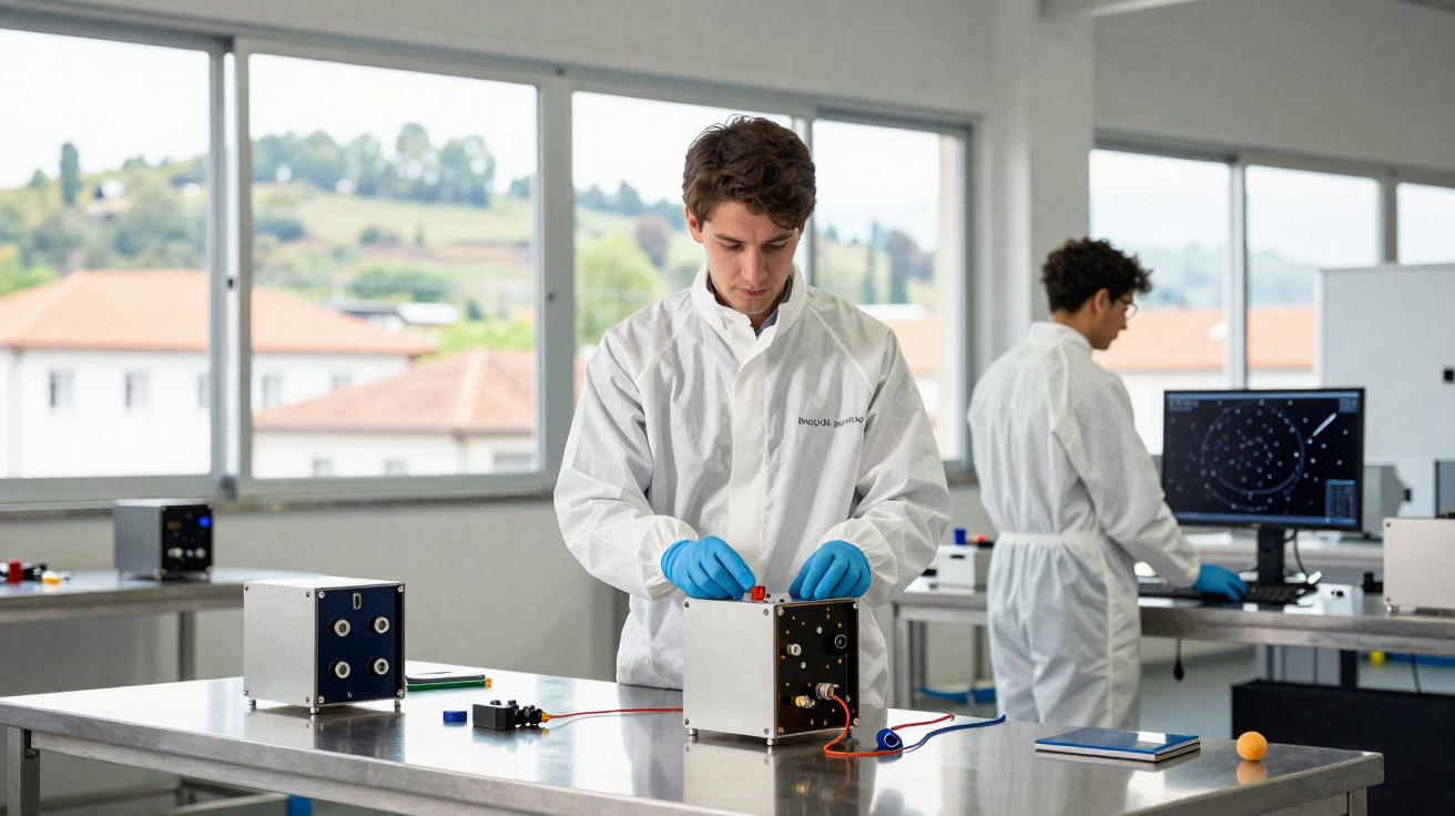 Dois cientistas com bata branca trabalham em equipamentos eletrónicos num laboratório com janelas amplas.