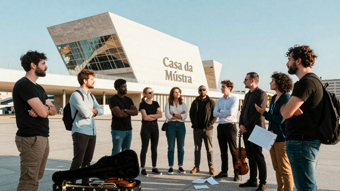 Grupo de músicos em roda com instrumentos à frente, junto à Casa da Música em dia ensolarado.