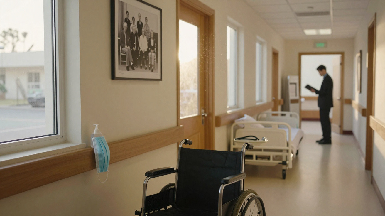 Corredor de hospital com cadeiras de rodas, camas e profissional a ler documento ao fundo.