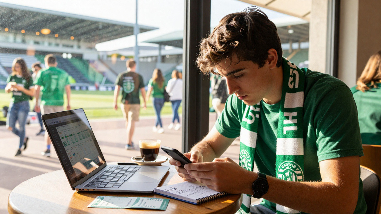 Jovem com cachecol verde no estádio a usar telemóvel e computador portátil com café ao lado.
