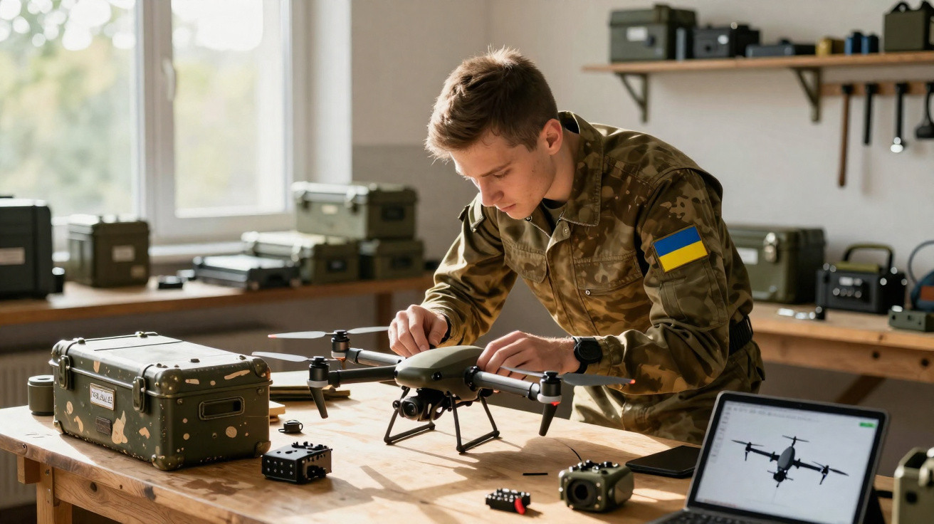Militar ucraniano ajusta drone sobre mesa de madeira num ambiente de oficina com equipamento tecnológico.