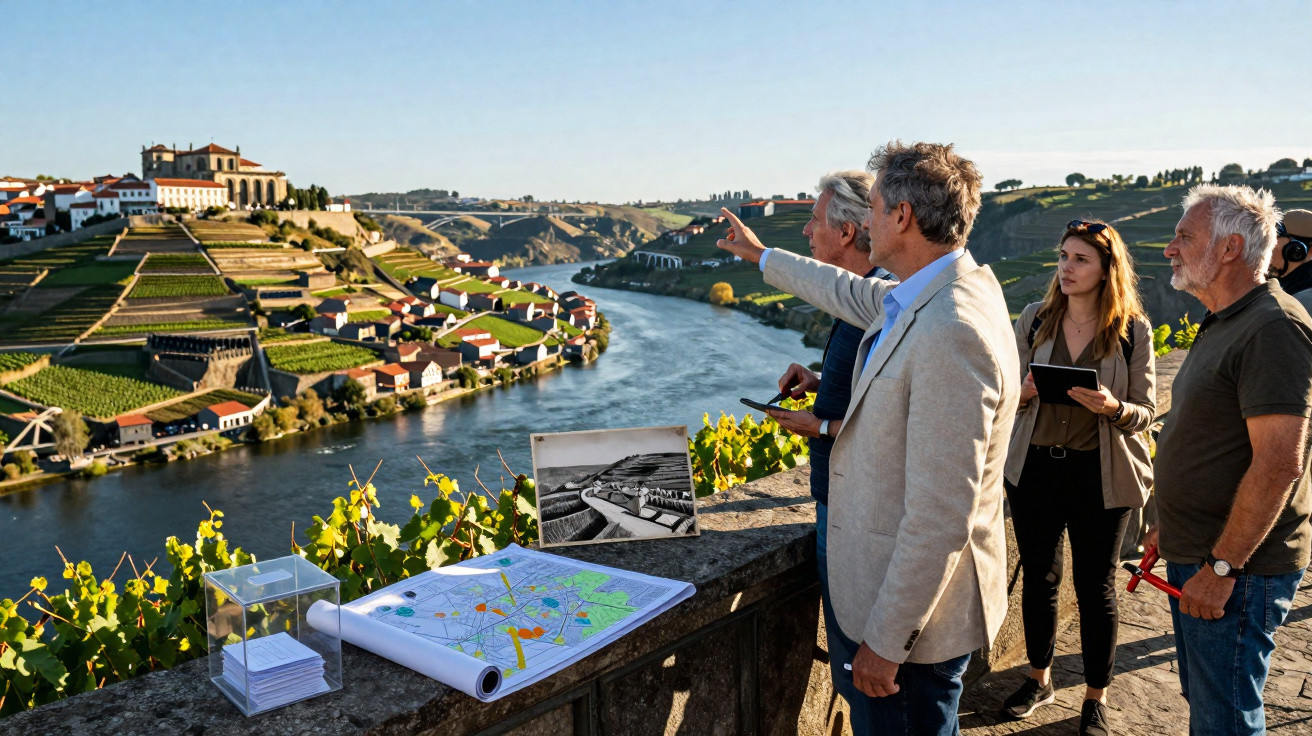 Grupo de pessoas a analisar mapa e fotografias junto ao rio e vinhas num vale ensolarado.