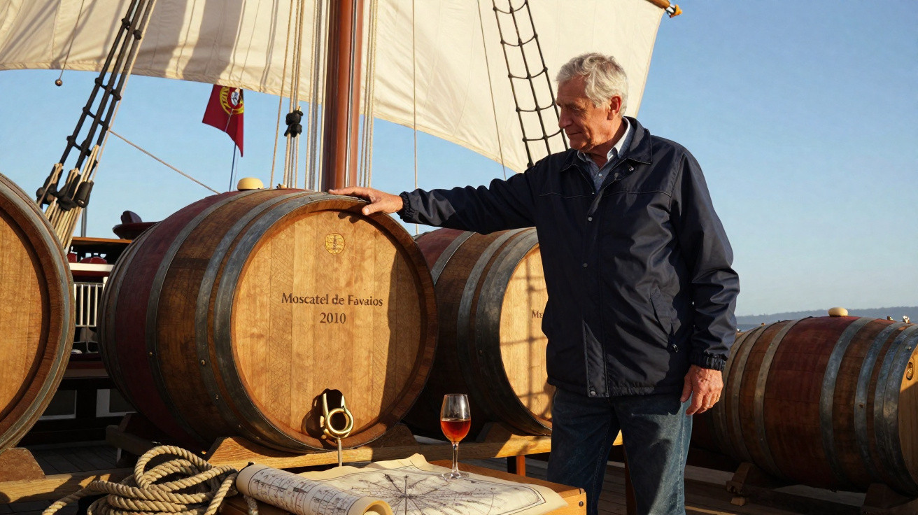 Homem idoso junto a barris de madeira de Moscatel de Favaios num veleiro sob céu limpo.