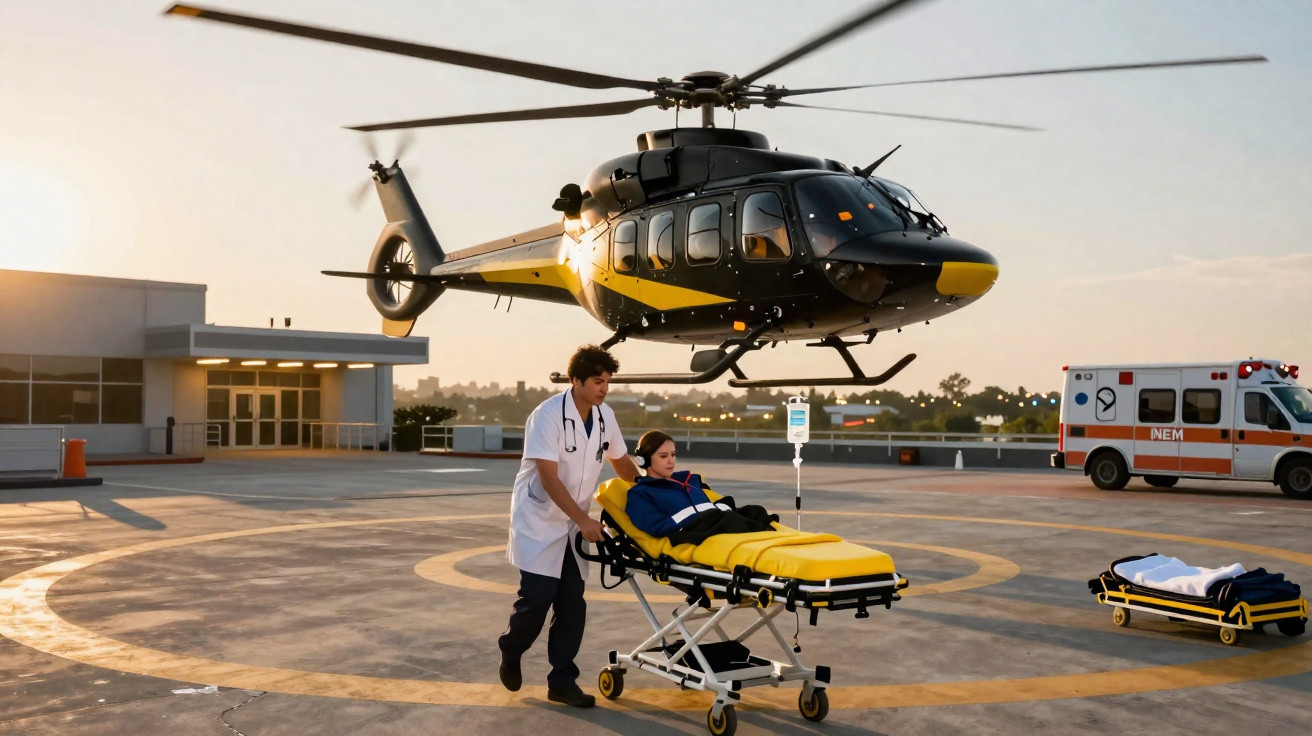 Médico a empurrar maca com paciente ao lado de helicóptero de emergência numa heliponto hospitalar.