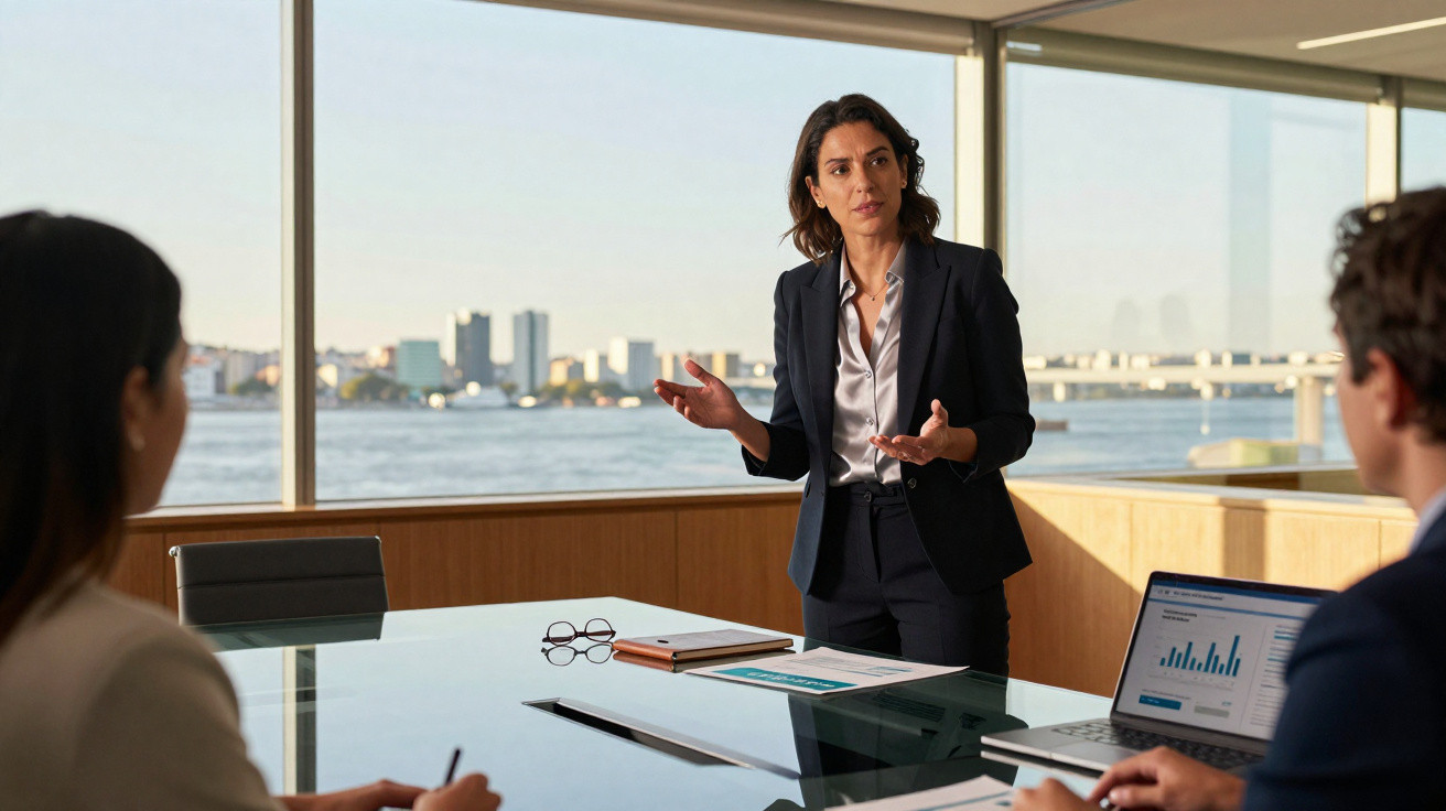 Mulher de negócios apresenta dados a colegas numa sala de reunião com vista para o rio.