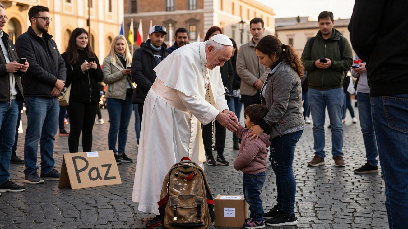 Papa Francisco a abençoar uma criança com pessoas em volta numa praça com placa "Paz" no chão.