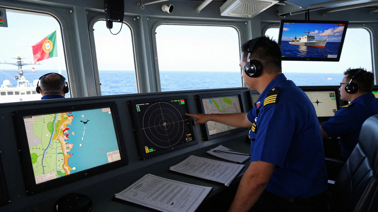 Três tripulantes numa ponte de comando naval com vários monitores e vista para o mar e bandeira de Portugal.