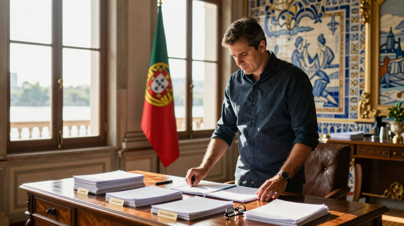 Homem de camisa azul reúne documentos num escritório com bandeira de Portugal e azulejos tradicionais ao fundo.