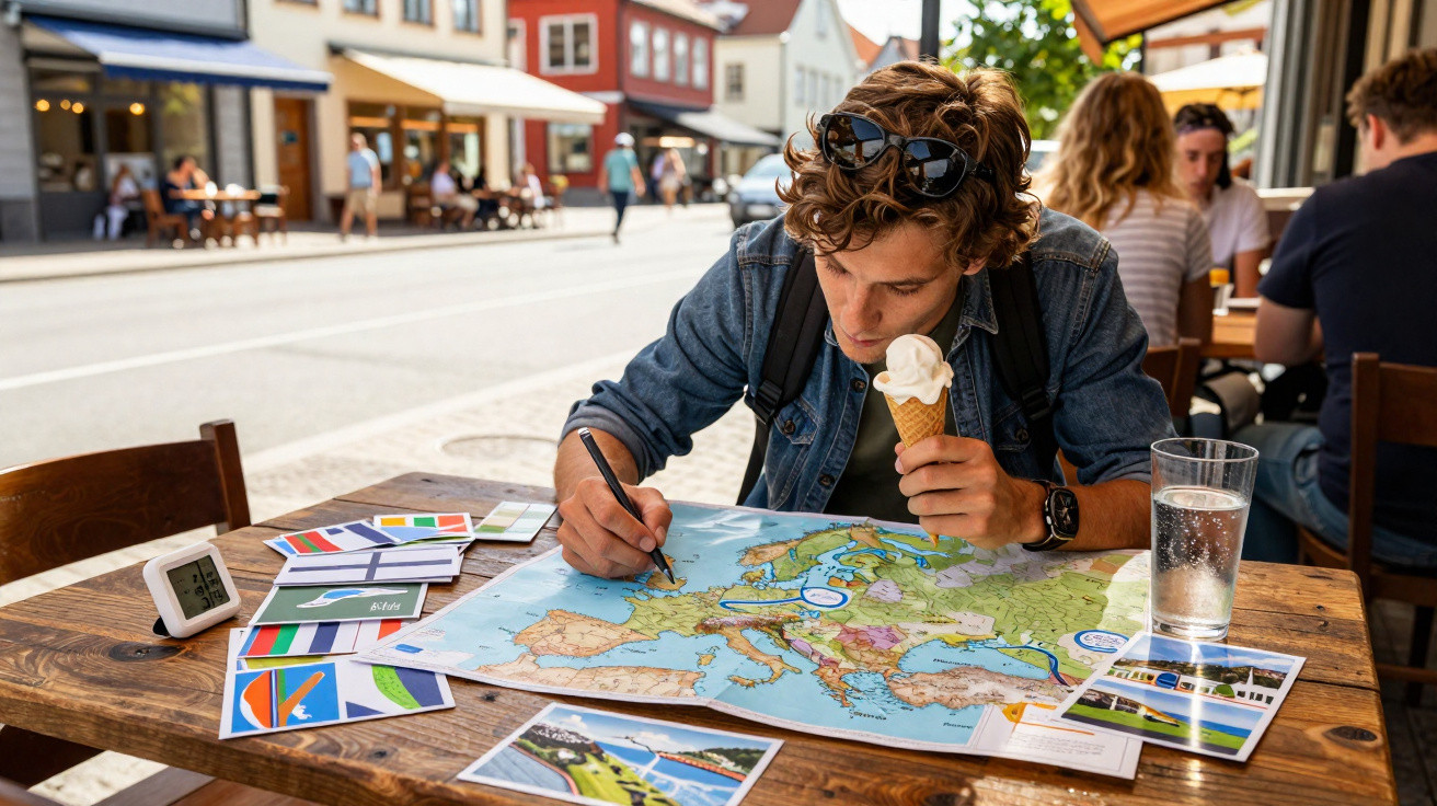 Jovem sentado numa esplanada a desenhar num mapa da Europa enquanto come gelado, rodeado de postais e cartões.