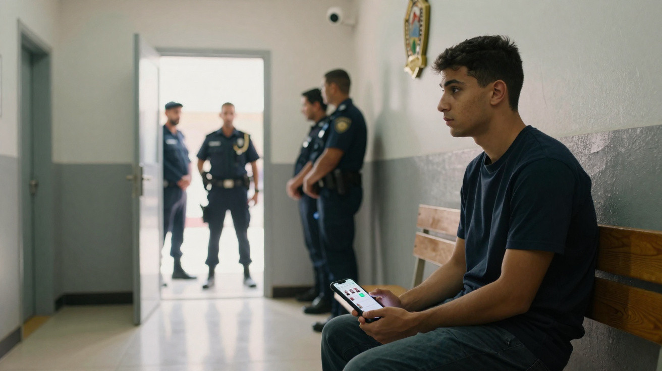 Jovem sentado num banco com telemóvel num corredor de delegacia com quatro polícias em pé perto da porta.