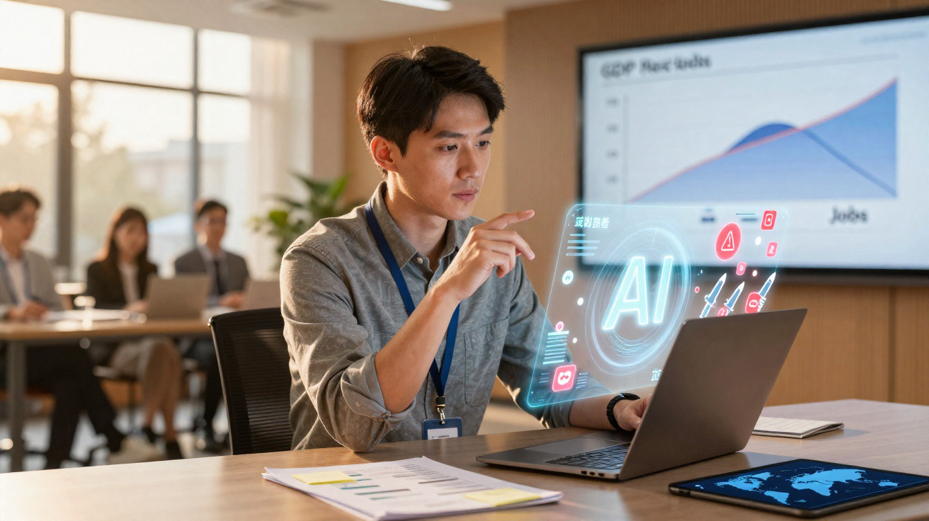 Homem a trabalhar num projeto de inteligência artificial com laptop e gráficos numa reunião de escritório.