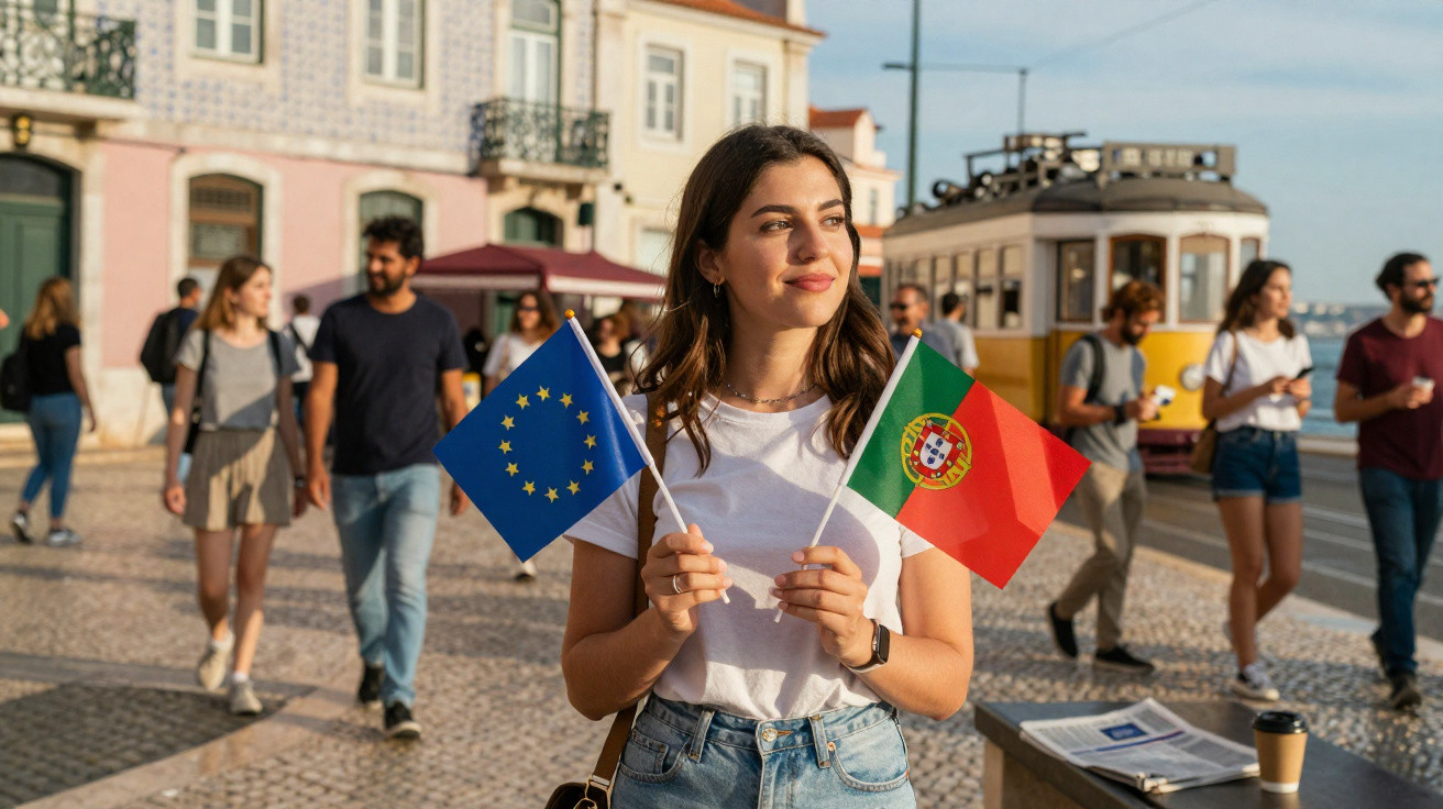 Jovem segura bandeiras da União Europeia e de Portugal numa rua movimentada com elétrico ao fundo.