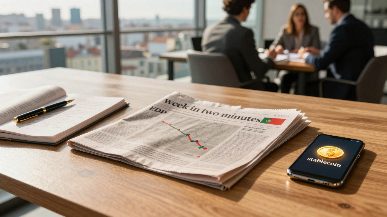 Jornal, caderno e telemóvel com imagem de stablecoin numa mesa de escritório com três pessoas em reunião ao fundo.