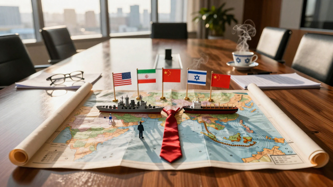 Mapa com bandeiras dos EUA, Irão, China e Israel, miniaturas de navios, gravata vermelha e figuras numa sala de reuniões.