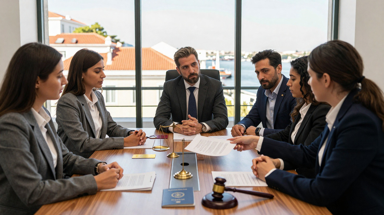 Seis advogados em reunião num escritório com documentos, martelo e balança numa mesa junto à janela.