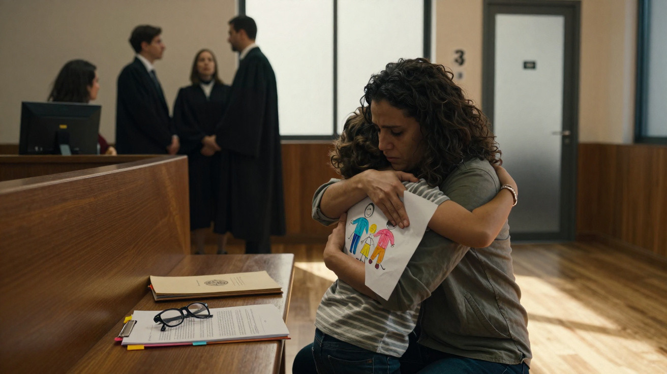 Mulher abraça criança segurando desenho, em sala de tribunal com pessoas ao fundo em discussão.