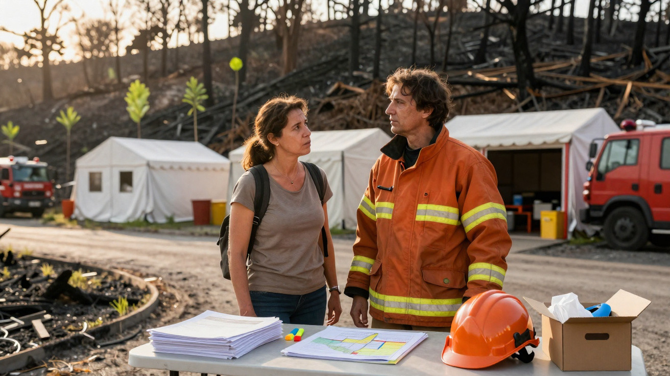 Dois profissionais de emergência discutem ao ar livre perto de tendas e camiões de bombeiros após incêndio florestal.