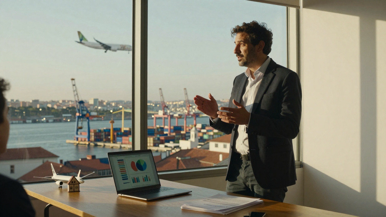 Homem de fato a apresentar gráficos num escritório com vista para porto e avião a voar.