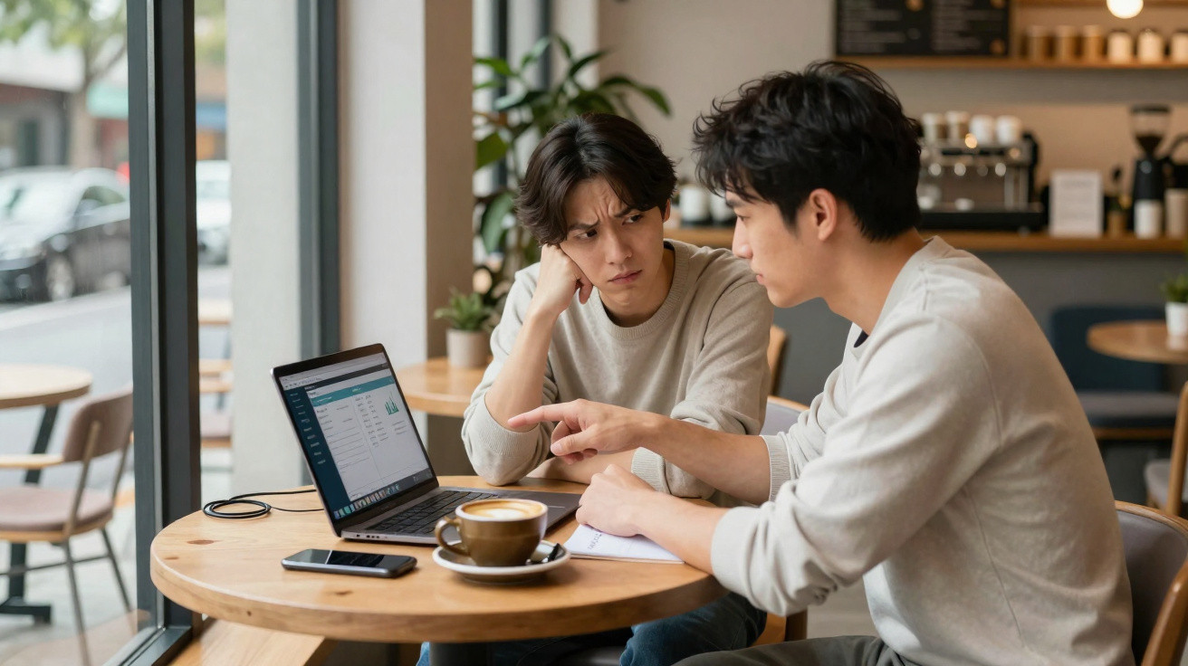 Dois jovens sentados à mesa de um café, a analisar conteúdo num portátil.