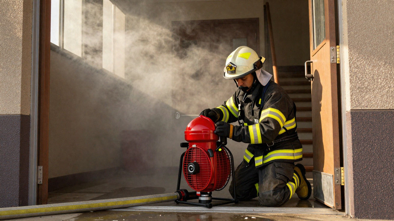 Bombeiro de farda completa a avaliar ventilador enquanto fumaça preenche corredor interior.