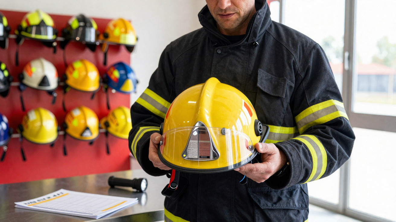 Bombeiro em uniforme a segurar um capacete amarelo dentro de uma estação de bombeiros.