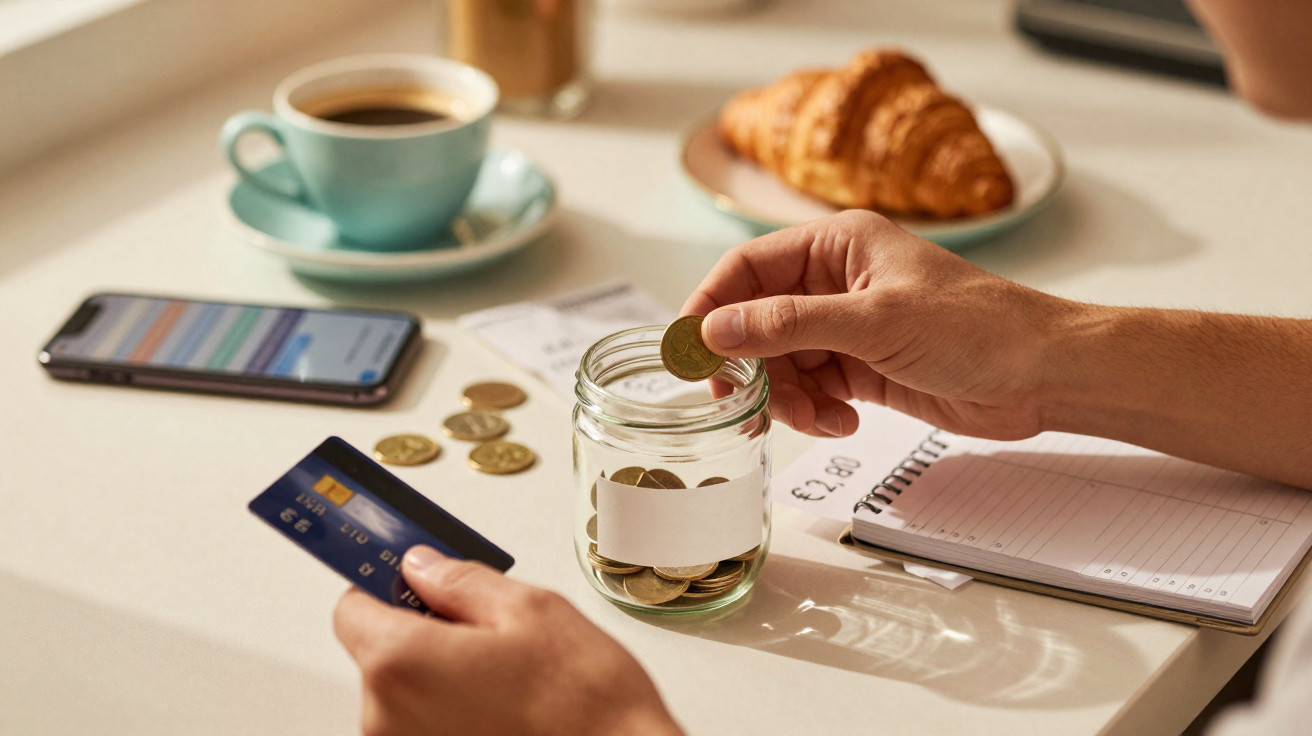 Duas pessoas a pagar uma conta com cartão e moedas, com café e croissant numa mesa.
