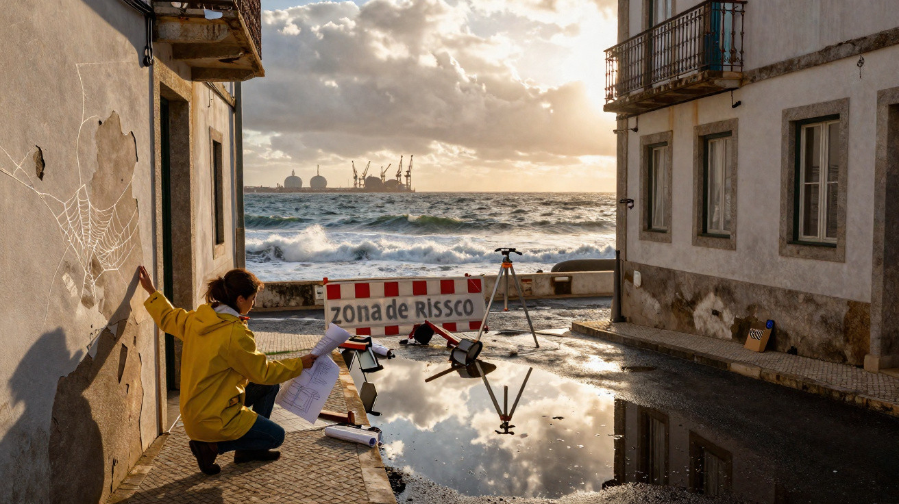 Pessoa de impermeável amarelo observa plantas numa rua junto ao mar com ondas e céu nublado ao fundo.