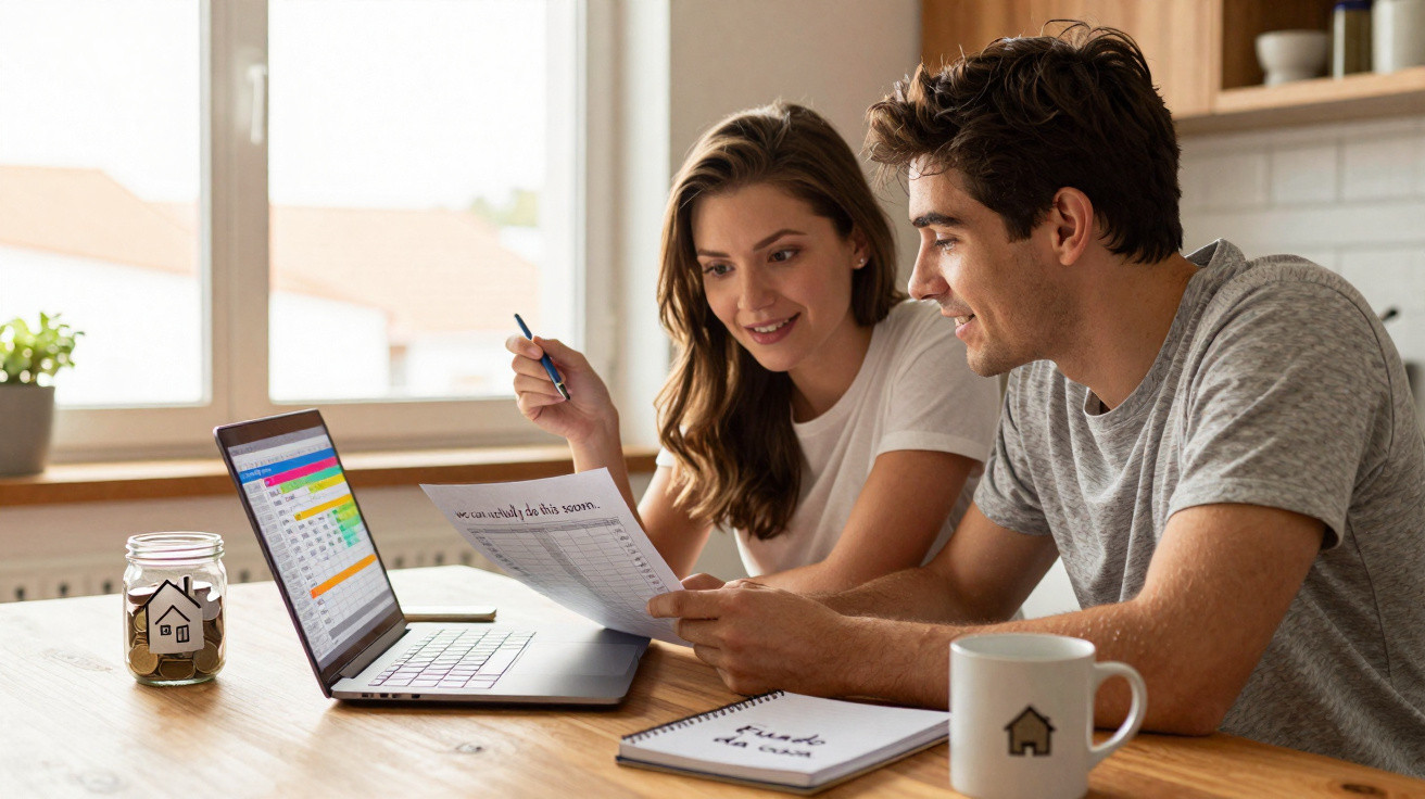 Casal jovem a analisar documentos financeiros num computador portátil numa cozinha luminosa.