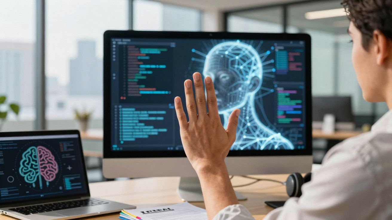 Pessoa interage com imagem digital de cérebro e rosto humano em ecrãs de computador num ambiente de escritório.