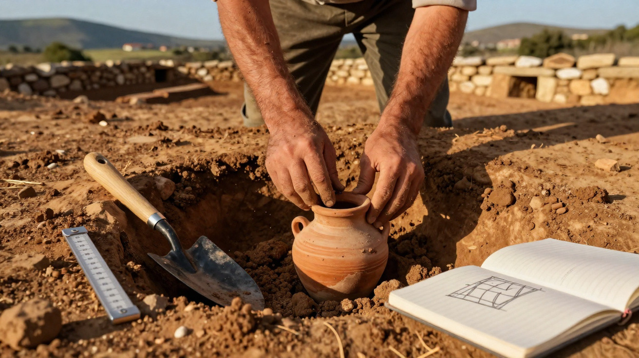 Mãos de arqueólogo a recolher um jarro de cerâmica num sítio arqueológico, com ferramentas e caderno aberto ao lado.