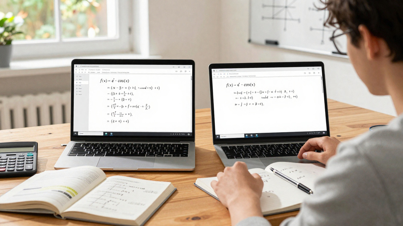 Pessoa a estudar matemática com dois computadores portáteis, calculadora e caderno numa mesa de madeira perto da janela.