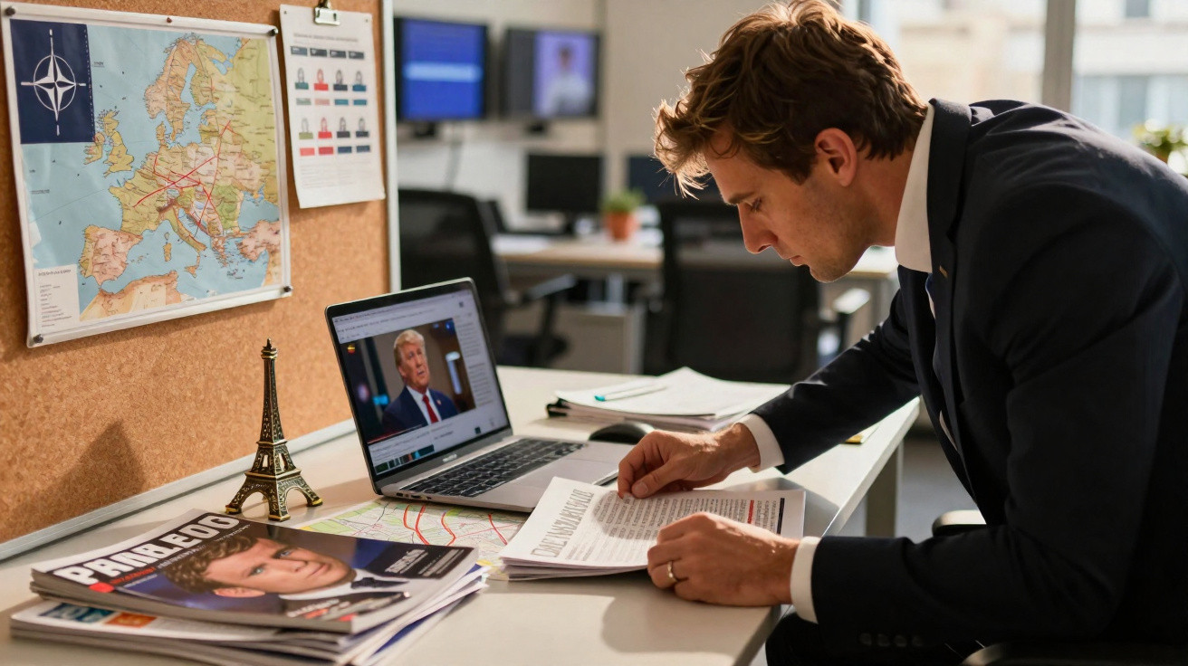 Homem de fato a analisar mapas e documentos numa secretária de escritório moderno com computador portátil aberto.
