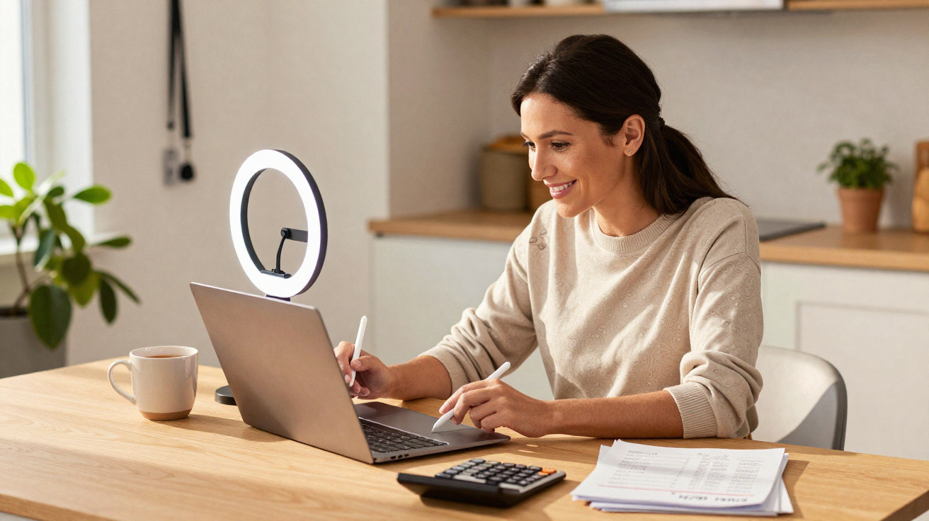 Mulher trabalhadora sentada à mesa com computador portátil, tablet e caderno, num ambiente luminoso e organizado.