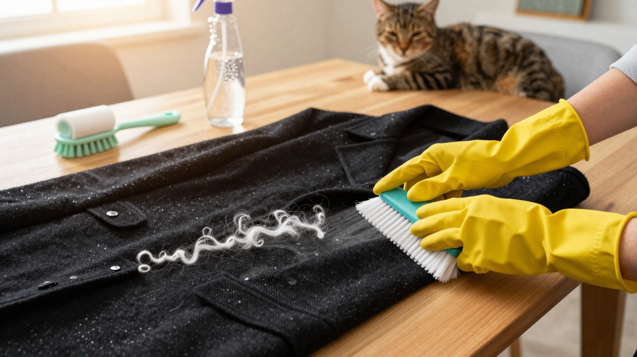 Mãos com luvas amarelas a limpar pelo de gato numa peça de roupa preta sobre mesa de madeira clara.