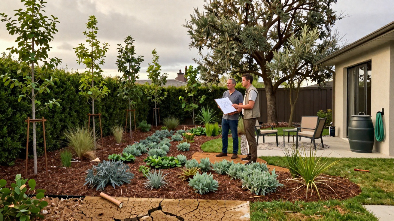 Casal a analisar plantas num jardim bem cuidado junto a uma casa moderna, ao pôr do sol.