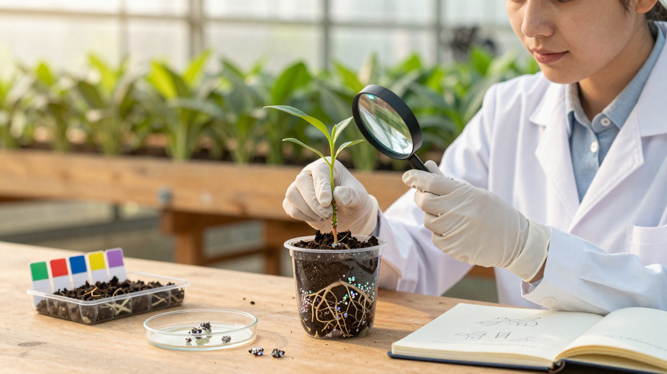 Cientista examina planta em vaso transparente com lupa, analisando raízes e crescimento em laboratório.