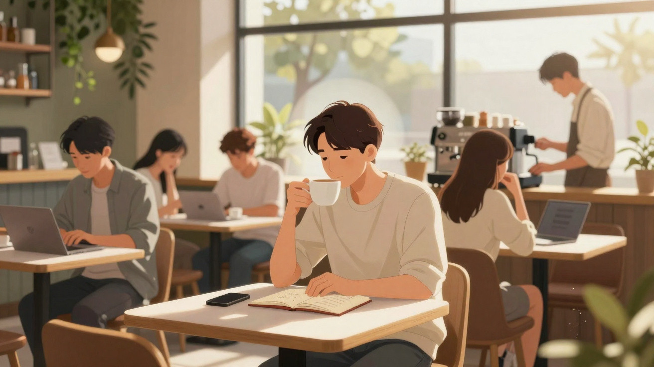 Jovem sentado num café a beber café, rodeado de pessoas a trabalhar em computadores e a conversar.