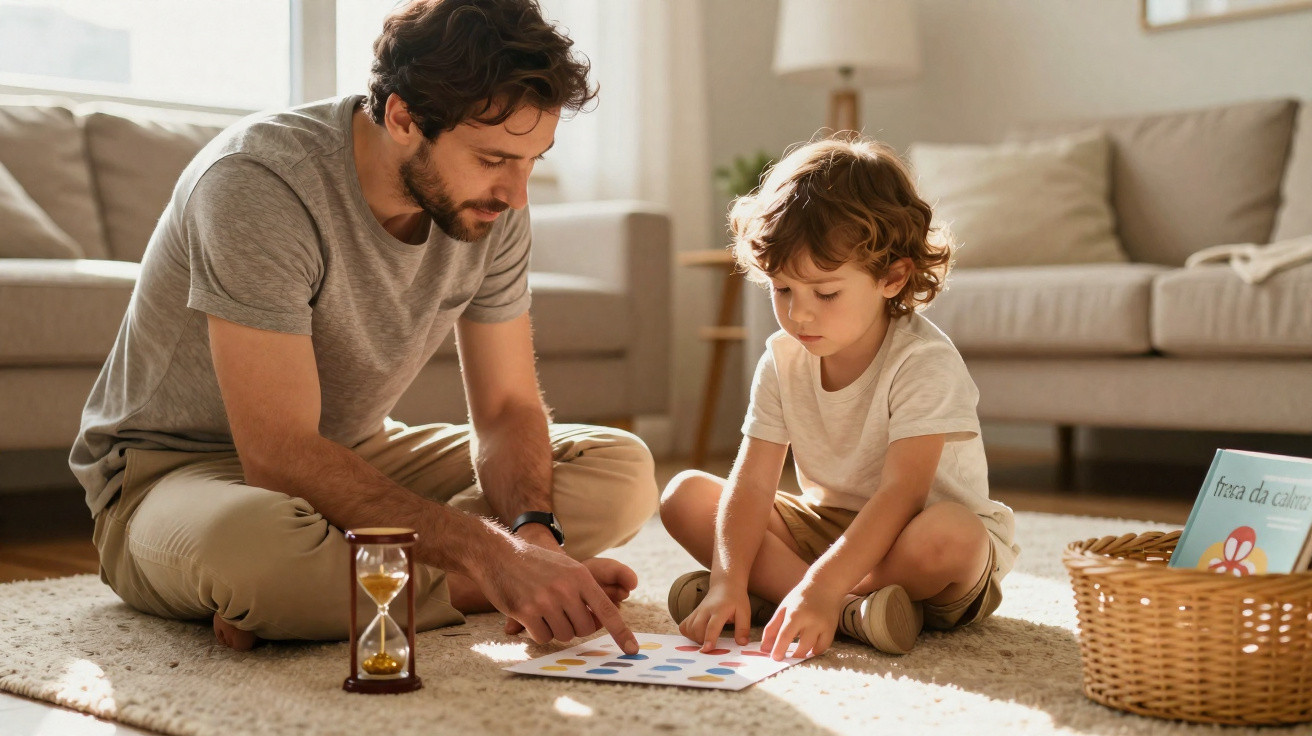 Pai e filho sentados no chão da sala, a fazer uma atividade educativa com cartas e um frasco com líquido amarelo.