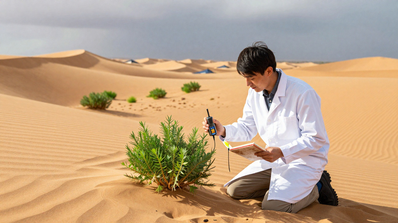 Cientista em bata branca mede planta no deserto com aparelho digital enquanto segura caderno aberto.