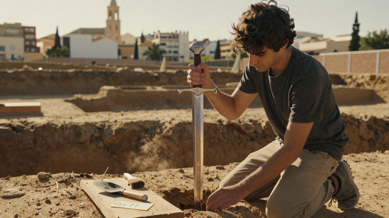 Jovem arqueólogo a limpar terra à volta de uma espada medieval cravada no chão durante escavação.