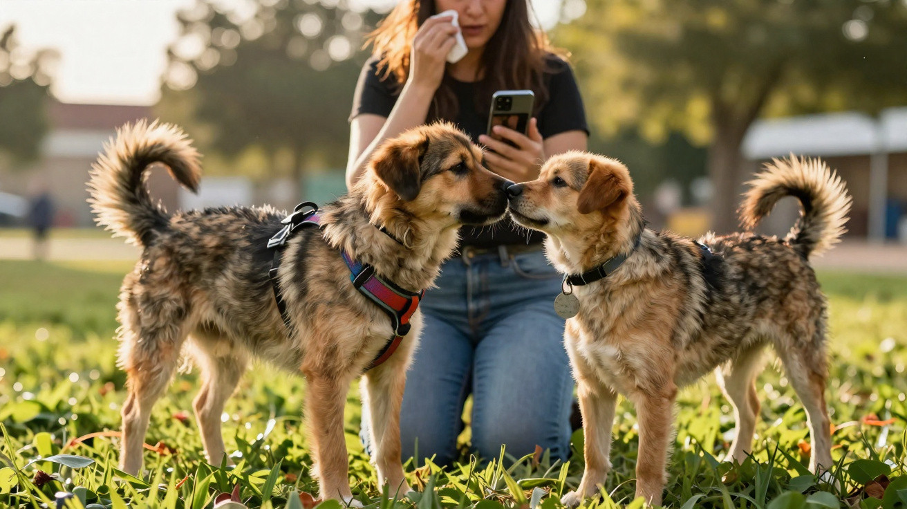 Dois cães castanhos de focinho escuro a cheirarem-se num parque, com uma pessoa ao fundo a usar um lenço.